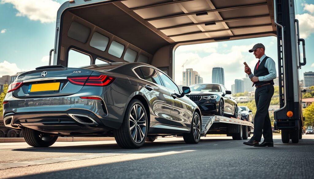 A professional car shipping scene in Highland Park, Michigan, showcasing a bright, sunny day. In the foreground, a shiny, luxury automobile is being carefully loaded onto a modern open car carrier by an experienced driver in a smart uniform. The middle ground features the car carrier trailer, fully loaded with various vehicles, showcasing the transportation process. In the background, a bustling cityscape of Highland Park is visible, blending urban architecture and greenery, emphasizing the location. Use natural lighting to create a warm ambiance, capturing the essence of a reputable auto transport service. The atmosphere is efficient and professional, reflecting reliability and care in car shipping services. The composition should be framed from a low angle to emphasize the vehicles and the carrier, creating a dynamic perspective.