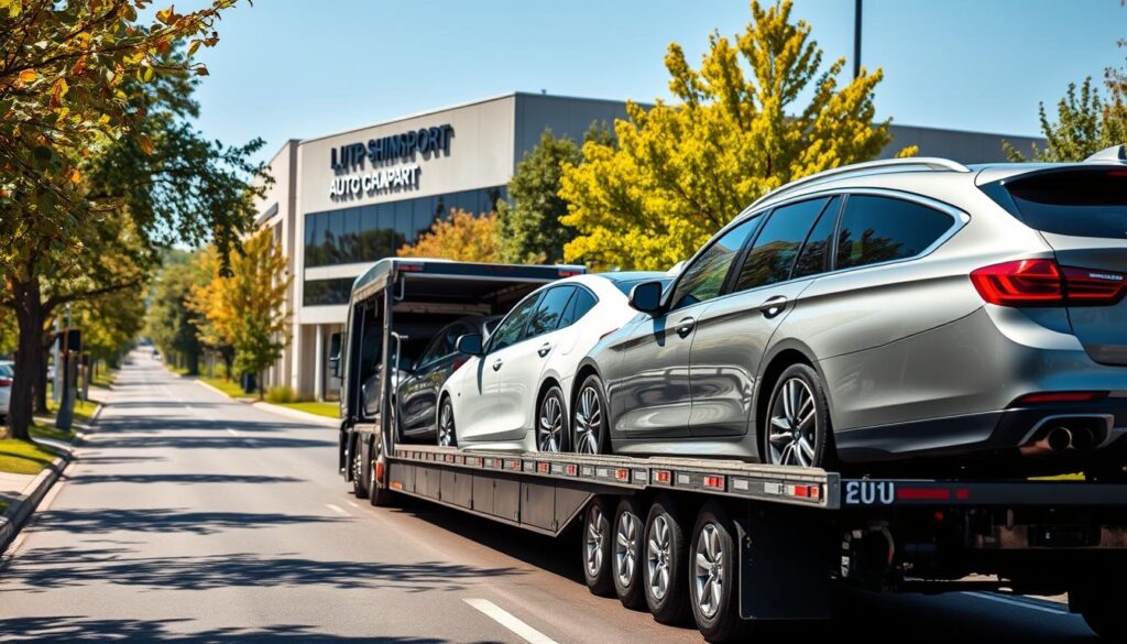 A professional car shipping scene in Novi, Michigan, showcasing a sleek transport truck loaded with shiny, new cars ready for delivery. In the foreground, the truck is parked strategically on a well-paved road, blending into a vibrant, tree-lined street typical of Novi. In the middle ground, a modern logistics facility with clear signage visible in the background emphasizes the professional car transport industry. The lighting is bright and sunny, casting soft shadows that highlight the vehicles' curves and details. A slight angle perspective gives depth to the composition, capturing the professionalism and care involved in auto transport. The mood is energetic yet organized, reflecting a bustling automotive hub while maintaining a sense of reliability and trustworthiness.