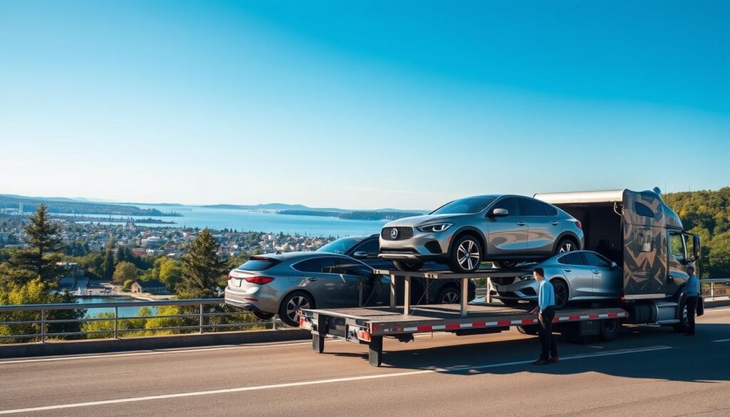 A professional car shipping scene in Traverse City, Michigan, featuring a sleek transport truck loaded with various vehicles, prominently displayed in the foreground. The middle ground should show the picturesque Traverse City skyline, with lush green trees and waterfront views. In the background, include clear blue skies and distant hills to create a serene atmosphere. Soft, diffused sunlight casts gentle shadows, enhancing the professionalism of the scene. Capture the action from a low angle, showcasing the vehicles being loaded or unloaded while workers in neat business attire efficiently coordinate the process. The overall mood should convey reliability, service, and the seamless efficiency of car shipping in a beautiful Northern Michigan setting.