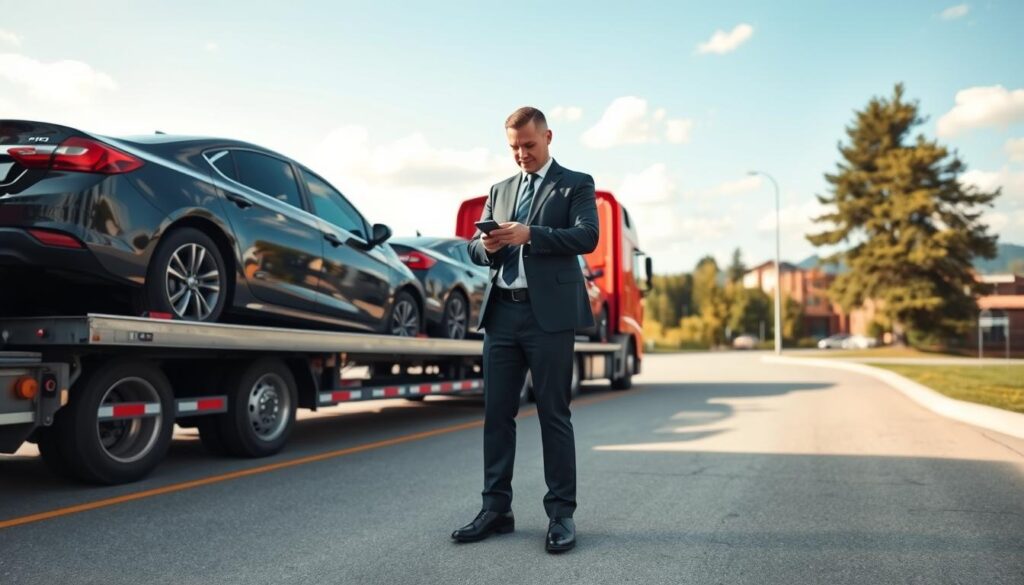 A professional car shipping scene set in Cedar Springs, Michigan. In the foreground, showcase a pristine transport truck with multiple vehicles securely loaded, highlighting various car models such as a sleek sedan and an SUV. The middle ground features a skilled professional in a smart uniform inspecting the vehicles, embodying a sense of care and attention to detail. In the background, depict a clear blue sky with light clouds, and hint at the beautiful Cedar Springs landscape, including trees and distant buildings, under natural daylight. Use a slight angle to create depth and capture the vibrant colors of the scene, emphasizing a professional and trustworthy atmosphere in the field of auto transport.