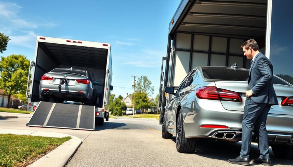 A professional car shipping scene set in Clawson, Michigan. In the foreground, a sleek, modern car being carefully loaded onto an automobile transport truck by a well-dressed logistics expert in business attire. In the middle ground, the transport truck is positioned prominently, featuring an open loading ramp with several vehicles securely strapped in for transport. The background showcases a clear blue sky and a glimpse of a suburban neighborhood typical of Clawson, with trees lining the streets. The lighting is bright and natural, suggesting a sunny day, with soft shadows adding depth. The mood is efficient and professional, emphasizing reliability and smooth service in car shipping. A professional car shipping scene set in Clawson, Michigan. In the foreground, a sleek, modern car being carefully loaded onto an automobile transport truck by a well-dressed logistics expert in business attire. In the middle ground, the transport truck is positioned prominently, featuring an open loading ramp with several vehicles securely strapped in for transport. The background showcases a clear blue sky and a glimpse of a suburban neighborhood typical of Clawson, with trees lining the streets. The lighting is bright and natural, suggesting a sunny day, with soft shadows adding depth. The mood is efficient and professional, emphasizing reliability and smooth service in car shipping.