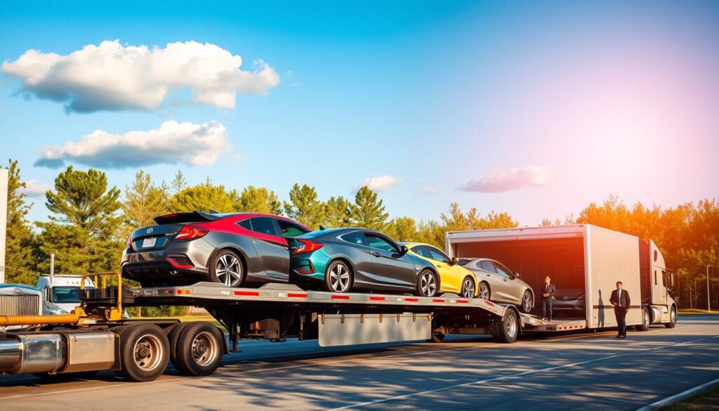 A professional car shipping scene set in Escanaba, Michigan. In the foreground, a truck carrying several cars, showcasing various models with bright colors, neatly arranged on a classic car transport trailer. In the middle ground, a well-organized auto transport facility featuring staff in business attire, overseeing the loading and unloading processes, providing a sense of professionalism and efficiency. The background includes a clear blue sky with a few fluffy clouds, framed by trees that represent the local landscape. The lighting is warm and inviting, reflecting a sunny day, enhancing the mood of reliability and trust. The entire scene evokes a sense of meticulous service in the car shipping and transport industry, ensuring a high standard of care and attention for vehicles in transit.