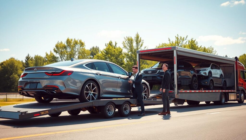 A professional car shipping scene set in Greenville, Michigan. In the foreground, a sleek, modern car on a trailer is being carefully loaded by two individuals in business attire, showcasing teamwork. In the middle ground, a transport truck with multiple cars is parked, highlighting the efficiency of auto transport services. The background features a sunny day with a clear blue sky, framed by lush green trees typical of Michigan. The atmosphere should convey professionalism, reliability, and care in logistics. The image should be shot from a slightly elevated angle to capture the entire scene, with soft, natural lighting to enhance the professionalism of the car shipping services.