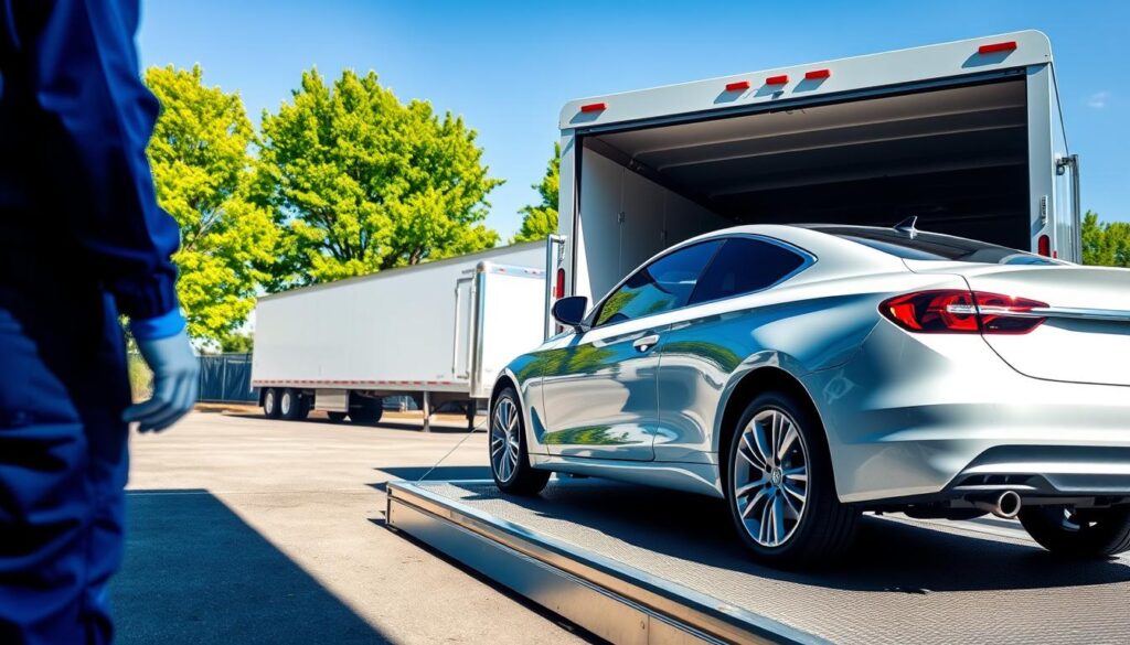 A professional car shipping scene set in Inkster, Michigan. In the foreground, showcase a shiny, immaculate car being loaded onto an enclosed transport trailer by a skilled worker in a blue uniform, wearing safety gloves. The middle ground features a modern, large transport truck equipped for auto transport, parked in a well-lit loading area with vibrant green trees in the background. The atmosphere conveys professionalism and reliability, with clear blue skies and sunlight casting soft shadows. Capture the image from a slightly low angle to emphasize the vehicle being loaded, creating a sense of action and care. Ensure the focus is sharp on the car, with the transport truck slightly blurred to draw the eye to the main subject.