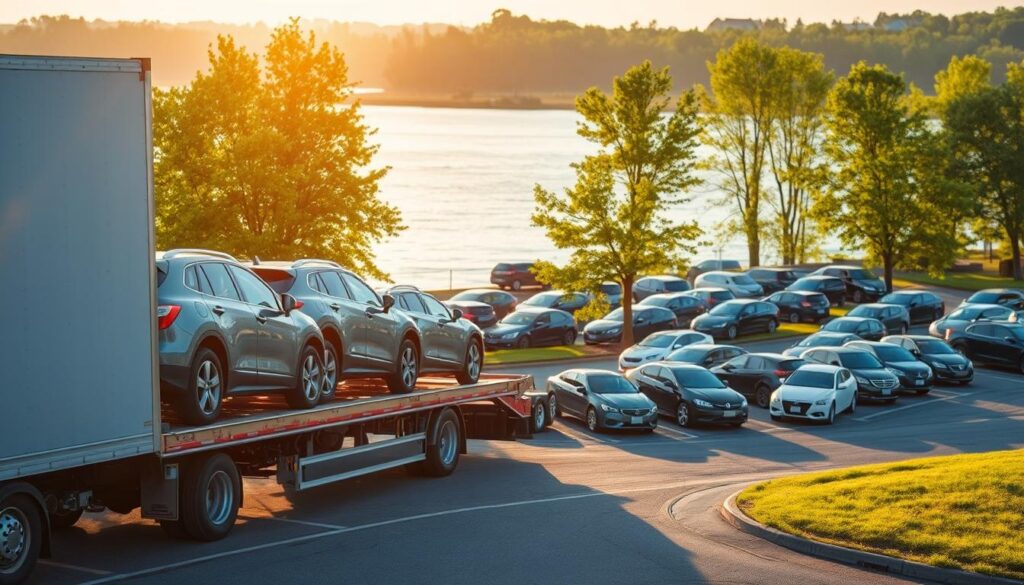 A professional car shipping scene set in Norton Shores, Michigan. In the foreground, a sturdy car transport truck is parked, showcasing multiple neatly arranged automobiles ready for shipment. The middle ground features a well-organized auto transport yard, with a variety of vehicles waiting to be loaded, surrounded by lush greenery, representing the local environment. In the background, the serene view of Norton Shores, with its calm waters and trees basking in the soft glow of a late afternoon sun, creates a peaceful atmosphere. The lighting is warm and inviting, casting gentle shadows for depth. The angle is slightly elevated to capture the entirety of the transport yard while emphasizing the professionalism of the auto transport industry. Overall, the mood is focused and industrious, illustrating the importance of reliable car shipping. A professional car shipping scene set in Norton Shores, Michigan. In the foreground, a sturdy car transport truck is parked, showcasing multiple neatly arranged automobiles ready for shipment. The middle ground features a well-organized auto transport yard, with a variety of vehicles waiting to be loaded, surrounded by lush greenery, representing the local environment. In the background, the serene view of Norton Shores, with its calm waters and trees basking in the soft glow of a late afternoon sun, creates a peaceful atmosphere. The lighting is warm and inviting, casting gentle shadows for depth. The angle is slightly elevated to capture the entirety of the transport yard while emphasizing the professionalism of the auto transport industry. Overall, the mood is focused and industrious, illustrating the importance of reliable car shipping.
