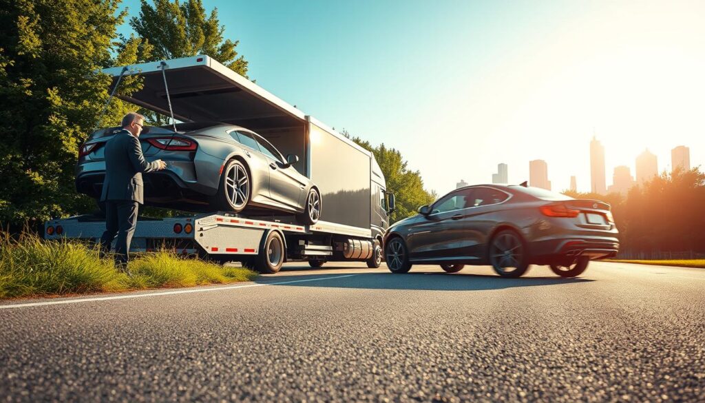 A professional car shipping scene set in Sterling Heights, Michigan. In the foreground, a sleek, modern car is being carefully loaded onto a transport truck by a well-dressed professional in business attire, showcasing precision and care. The middle ground features a shiny, multi-vehicle auto transport truck, parked on a wide road, surrounded by lush greenery typical of Michigan suburbs. In the background, the skyline of Sterling Heights can be seen, with a clear blue sky and soft sunlight illuminating the scene, creating an atmosphere of trust and reliability. The angle should provide a three-quarter view of the truck and the car, emphasizing the professionalism of the auto transport service while maintaining a crisp, sharp focus on the entire setting, evoking a sense of competence and care in the car shipping process.