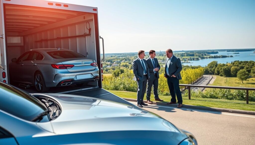 A professional car shipping scene set in Whitehall, Michigan. In the foreground, a sleek, modern car is being carefully loaded onto a well-organized, open car transport truck, showcasing efficiency and care. The middle ground features a team of professionals, dressed in business attire, discussing logistics and inspecting the vehicles with attentive expressions. In the background, the serene landscape of Whitehall is visible, complete with lush greenery and a hint of the nearby waterfront, under a clear blue sky. The lighting is bright and natural, conveying a sense of professionalism and reliability. The composition should emphasize a sense of trust and efficiency in the auto transport industry.