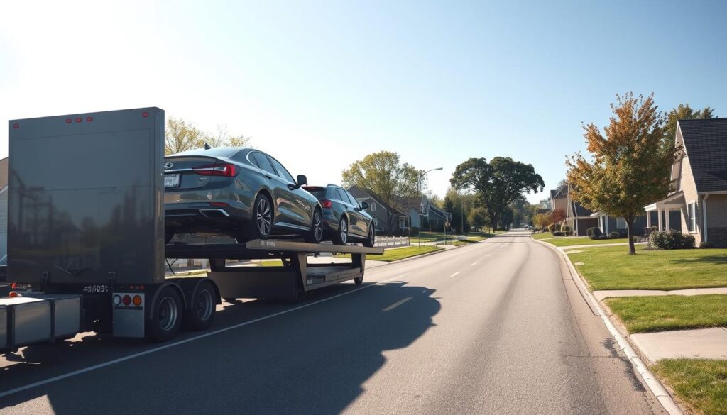 A professional car shipping scene showcasing a modern auto transport truck loaded with vehicles in Belleville, Michigan. In the foreground, the truck is parked alongside a suburban road, with a few shiny cars secured on its platform, emphasizing the auto transport theme. The middle ground features a well-kept residential neighborhood, with houses lining the street under a clear blue sky. Soft sunlight casts gentle shadows, enhancing the colors of the vehicles and environment. In the background, iconic trees and a hint of Michigan's natural beauty are visible. The scene conveys a sense of efficiency and professionalism, ideal for an auto transport service. The overall mood is calm and trustworthy, evoking a reliable car shipping experience.