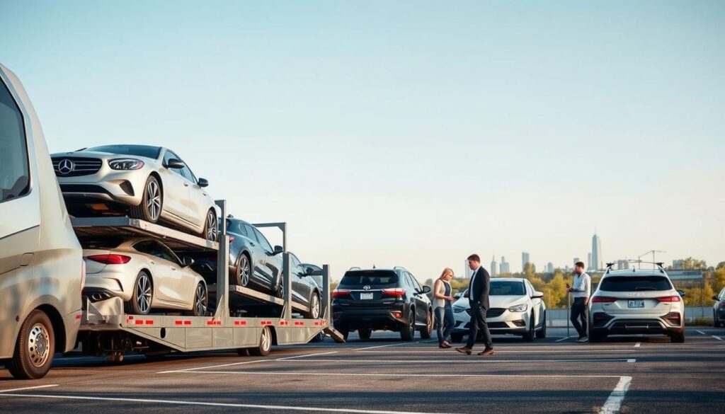 A professional car shipping scene showcasing multiple vehicles in transport. In the foreground, a sleek, modern car carrier with various automobiles securely loaded, representing efficient auto transport. The middle ground features a well-maintained parking area with a clean, organized look, where professional workers in business attire or modest casual clothing are inspecting vehicles. In the background, a clear blue sky with a hint of the Redford Michigan skyline adds context to the location. Soft, natural lighting emphasizes a productive atmosphere, while a wide-angle lens captures the entire scene, enhancing the sense of professionalism and efficiency in the car shipping process. The mood is optimistic and industrious, reflecting a commitment to quality service in auto transport. A professional car shipping scene showcasing multiple vehicles in transport. In the foreground, a sleek, modern car carrier with various automobiles securely loaded, representing efficient auto transport. The middle ground features a well-maintained parking area with a clean, organized look, where professional workers in business attire or modest casual clothing are inspecting vehicles. In the background, a clear blue sky with a hint of the Redford Michigan skyline adds context to the location. Soft, natural lighting emphasizes a productive atmosphere, while a wide-angle lens captures the entire scene, enhancing the sense of professionalism and efficiency in the car shipping process. The mood is optimistic and industrious, reflecting a commitment to quality service in auto transport.