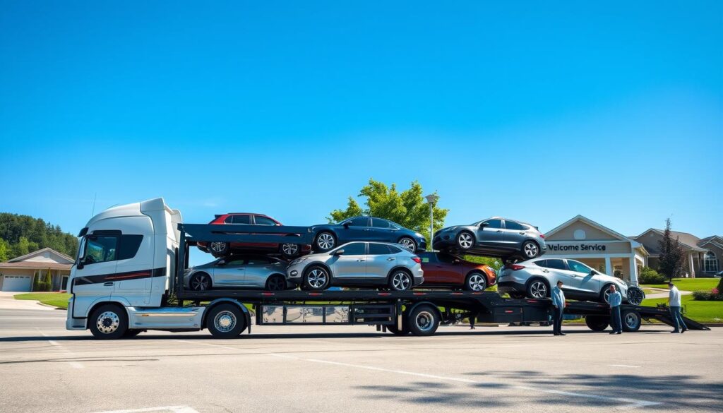 A professional car shipping scene taking place in Southgate, Michigan. In the foreground, a shiny, modern transport truck loaded with various vehicles, including sedans and SUVs, ready for shipping. The truck is parked in an open yard with clear blue skies and bright daylight illuminating the vehicles, highlighting their colors and features. In the middle ground, well-maintained office buildings and a welcoming service area can be seen, staffed by individuals in professional attire, discussing logistics. In the background, a tree-lined street and residential homes give a sense of the local community. The atmosphere is professional yet relaxed, showcasing the reliability and efficiency of car shipping services. The angle captures both the transport truck and the engaging environment surrounding it, emphasizing the importance of professional auto transport. A professional car shipping scene taking place in Southgate, Michigan. In the foreground, a shiny, modern transport truck loaded with various vehicles, including sedans and SUVs, ready for shipping. The truck is parked in an open yard with clear blue skies and bright daylight illuminating the vehicles, highlighting their colors and features. In the middle ground, well-maintained office buildings and a welcoming service area can be seen, staffed by individuals in professional attire, discussing logistics. In the background, a tree-lined street and residential homes give a sense of the local community. The atmosphere is professional yet relaxed, showcasing the reliability and efficiency of car shipping services. The angle captures both the transport truck and the engaging environment surrounding it, emphasizing the importance of professional auto transport.