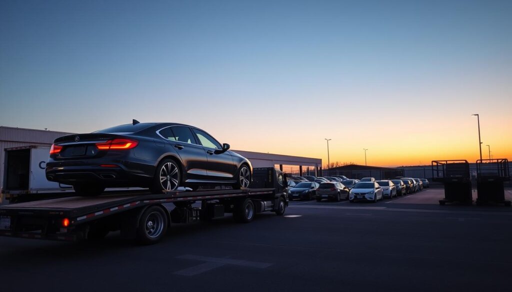 A professional car shipping service at dusk in Fraser, Michigan. In the foreground, a sleek, modern car transported on a specialized flatbed truck with safety features visible. In the middle ground, an organized car transport facility with neatly parked vehicles awaiting shipment, showcasing the efficiency of the service. The background features a clear sky transitioning from blue to orange, illuminated by the soft glow of streetlights. The setting is slightly industrial with storage containers and a fence in the distance, reflecting a robust transport environment. Use a wide-angle lens to capture the scene's depth, with soft, even lighting to create a welcoming and reliable atmosphere. The overall mood is professional, conveying trust and expertise in auto transport services.