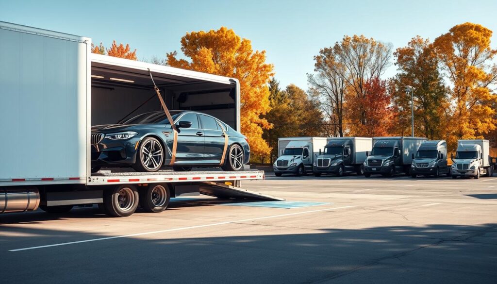 A professional car shipping service in Highland Park, Michigan, showcasing a sleek car loaded onto a modern transport truck. In the foreground, the truck is parked on a clean, well-lit loading area, displaying a shiny, luxury vehicle being secured with high-quality straps. The middle ground features an organized transport facility with a few other vehicles ready for dispatch, highlighting the efficiency and professionalism of the operation. In the background, trees with autumn foliage provide a picturesque backdrop, complementing the scene. The lighting is bright and crisp, suggesting a clear day, and the camera angle captures the entire setup from a slight elevation, portraying a sense of order and reliability in the auto transport industry. The mood is professional and trustworthy, emphasizing safety and care in vehicle shipping.