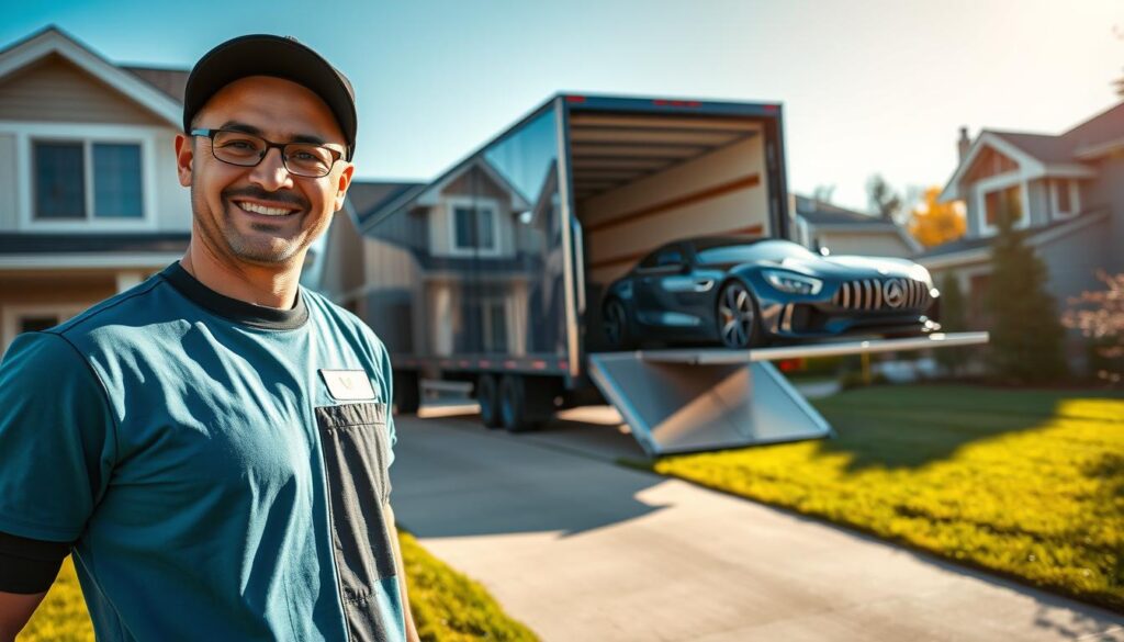 A professional car shipping service in action, showing a sleek delivery truck parked in front of a modern suburban house in Melvindale, Michigan. In the foreground, a smiling delivery driver in a branded uniform is unloading a shiny, luxury car from the truck. The middle ground features a well-kept lawn with a clear driveway, while the background includes cozy homes and trees under a bright blue sky. The scene is illuminated by warm afternoon sunlight, casting soft shadows. Capture the essence of trust and reliability in auto transport services, with attention to detail in the vehicles and surroundings to convey professionalism and care in car shipping. No text or logos in the image. A professional car shipping service in action, showing a sleek delivery truck parked in front of a modern suburban house in Melvindale, Michigan. In the foreground, a smiling delivery driver in a branded uniform is unloading a shiny, luxury car from the truck. The middle ground features a well-kept lawn with a clear driveway, while the background includes cozy homes and trees under a bright blue sky. The scene is illuminated by warm afternoon sunlight, casting soft shadows. Capture the essence of trust and reliability in auto transport services, with attention to detail in the vehicles and surroundings to convey professionalism and care in car shipping. No text or logos in the image.