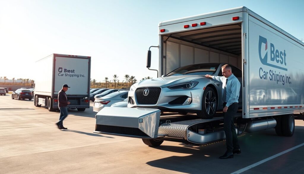 A professional car shipping service scene depicting "Best Car Shipping Inc." in action. In the foreground, showcase a well-maintained, modern delivery truck with the company logo prominently displayed on its side. A professional driver in business attire stands next to the truck, inspecting a sleek, luxury car being loaded onto the vehicle. In the middle ground, feature a clean, organized auto transport yard with various cars under bright sunlight, conveying a sense of efficiency and reliability. The background includes a clear blue sky and distant trees, creating a serene yet active atmosphere. Use soft and natural lighting to enhance the sense of professionalism and trustworthiness, with a slightly angled perspective to emphasize the scale of the operation. A professional car shipping service scene depicting "Best Car Shipping Inc." in action. In the foreground, showcase a well-maintained, modern delivery truck with the company logo prominently displayed on its side. A professional driver in business attire stands next to the truck, inspecting a sleek, luxury car being loaded onto the vehicle. In the middle ground, feature a clean, organized auto transport yard with various cars under bright sunlight, conveying a sense of efficiency and reliability. The background includes a clear blue sky and distant trees, creating a serene yet active atmosphere. Use soft and natural lighting to enhance the sense of professionalism and trustworthiness, with a slightly angled perspective to emphasize the scale of the operation.
