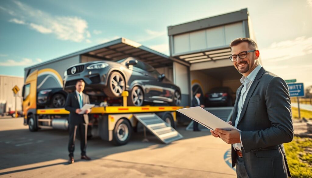 A professional car shipping service scene in DeWitt, Michigan, showcasing a vibrant transport truck loaded with several sleek cars ready for delivery. In the foreground, a well-dressed businessperson is reviewing paperwork, standing next to the truck with a confident smile, embodying reliability and professionalism. The middle ground features a busy loading dock, with staff in business attire supervising the careful loading of vehicles. The background captures a clear blue sky with a hint of clouds, along with a local road sign indicating DeWitt, Michigan, bringing a sense of place. The lighting is bright and inviting, giving a warm, trustworthy atmosphere. Use a wide-angle shot to capture the essence of efficiency and care in the auto transport process.