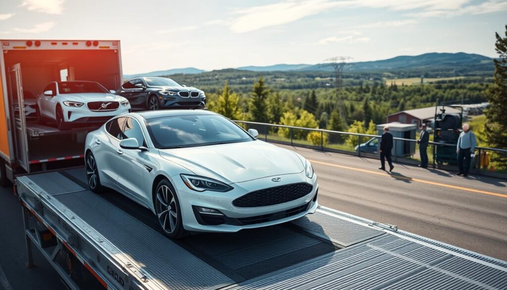 A professional car shipping service scene in Houghton, Michigan, featuring a transport truck loaded with pristine vehicles ready for shipment. In the foreground, a sleek white car is prominently displayed on the transport ramp, glistening in the soft afternoon sunlight. The middle ground shows a busy loading area with workers dressed in professional attire, carefully securing vehicles. In the background, a scenic view of the Upper Peninsula's lush greenery and distant hills complements the busy shipping infrastructure. The overall atmosphere is organized and efficient, with a clear blue sky adding brightness. Use a slight aerial perspective to capture the scale of the operation, emphasizing the professionalism and reliability of the car shipping services.