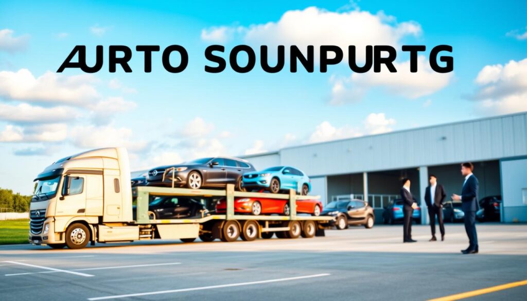 A professional car shipping service scene in Jackson, Michigan. In the foreground, a well-maintained car carrier truck is parked, displaying multiple vehicles securely loaded, showcasing a vibrant range of colors and models. The middle ground features an orderly warehouse with professionals in business attire discussing logistics, emphasizing efficiency and care. In the background, a clear blue sky with soft clouds and the iconic landscape of Jackson adds context, creating a sense of place. The lighting is soft and natural, enhancing the professional atmosphere, while a slight focus blur on the background adds depth. The overall mood conveys trust, reliability, and professionalism in auto transport services. A professional car shipping service scene in Jackson, Michigan. In the foreground, a well-maintained car carrier truck is parked, displaying multiple vehicles securely loaded, showcasing a vibrant range of colors and models. The middle ground features an orderly warehouse with professionals in business attire discussing logistics, emphasizing efficiency and care. In the background, a clear blue sky with soft clouds and the iconic landscape of Jackson adds context, creating a sense of place. The lighting is soft and natural, enhancing the professional atmosphere, while a slight focus blur on the background adds depth. The overall mood conveys trust, reliability, and professionalism in auto transport services.