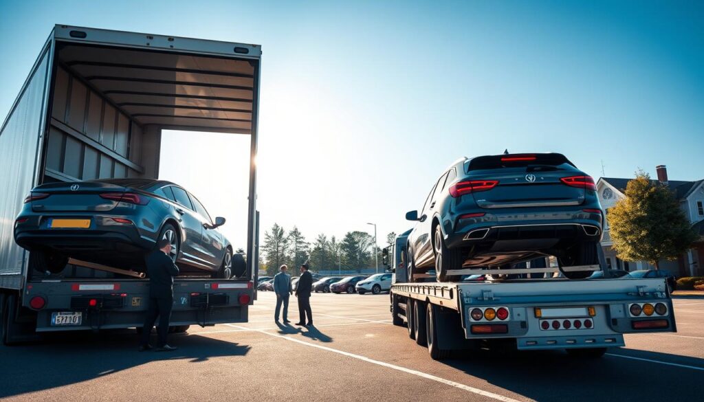 A professional car shipping service scene in Tecumseh, Michigan. In the foreground, a well-maintained, open car transport truck showcases several vehicles securely loaded, featuring modern sedans and SUVs. Skilled staff in professional attire observe the unloading process, ensuring everything is handled with care. The middle ground includes a bustling auto transport yard, with additional vehicles lined up for shipping, alongside bright signage indicating the company's branding. The background highlights a clear blue sky, with the silhouettes of trees and typical Michigan architecture creating a serene environment. Soft sunlight casts gentle shadows, enhancing the professional and trustworthy atmosphere of reliable auto transport services. The angle captures a dynamic perspective, emphasizing both the activity and organization within the scene, evoking a sense of professionalism and commitment to quality service.