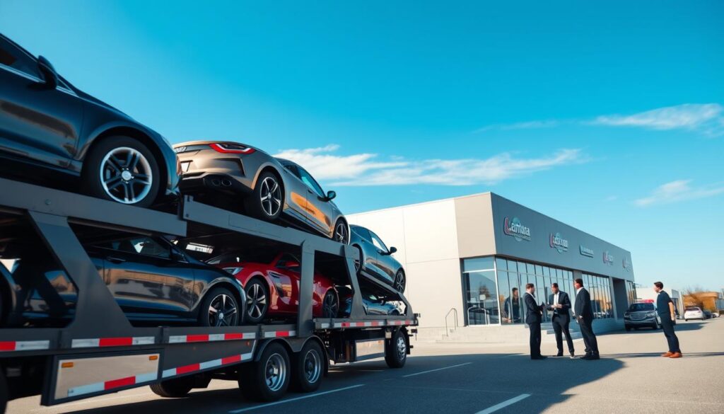 A professional car shipping service scene set in Livonia, Michigan. In the foreground, a modern car carrier truck is loaded with shiny vehicles, showcasing diverse car models in vibrant colors, securely fastened. In the middle ground, a sleek office building branded with car shipping company logos sits, with individuals in professional attire discussing logistics. The background features a clear blue sky, with soft sunlight illuminating the entire scene, creating a bright and welcoming atmosphere. The angle captures both the truck and office in the frame, emphasizing reliability and professionalism. The mood is one of efficiency and trust, symbolizing the benefits of choosing expert auto transport services.