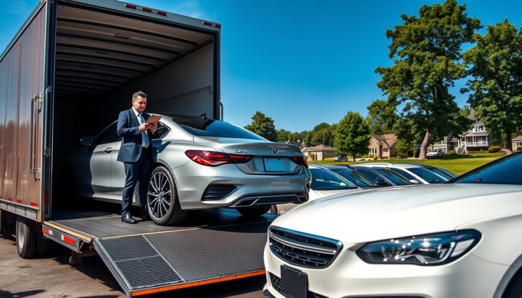 A professional car shipping service scene set in Northville, Michigan. In the foreground, a transport truck with an open trailer is carefully unloading a sleek, shiny car. The driver, dressed in smart business attire, inspects the vehicle with a clipboard. In the middle ground, several well-maintained cars are parked, showcasing diverse models ready for transport, all under a clear blue sky. The background features the picturesque landscape of Northville, with green trees and suburban homes. Soft, natural lighting enhances the colors and details of the vehicles. The atmosphere is focused and professional, conveying trust and reliability in auto transport services.