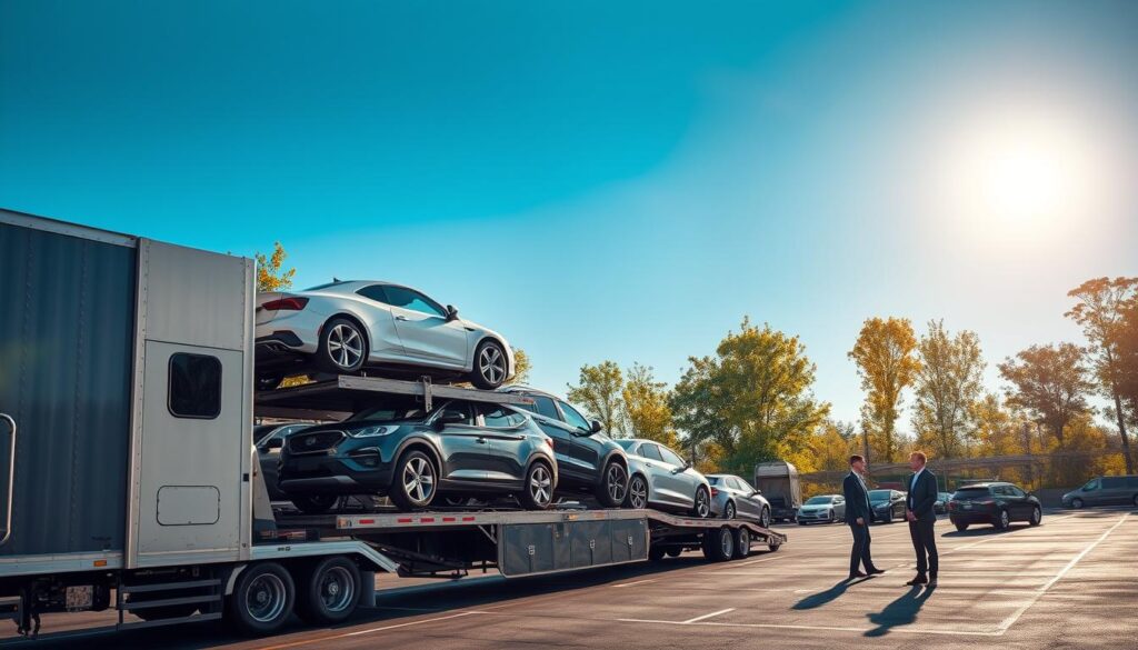 A professional car shipping service scene set in Rockford, Michigan. In the foreground, a sleek, modern auto transport truck is loaded with various vehicles, showcasing a mix of sedans and SUVs, all securely strapped. The middle ground features a well-organized transport yard with trained employees in professional attire inspecting cars and coordinating logistics. The background reveals lush tree lines typical of Rockford, under a clear blue sky with the sun casting warm, natural light on the scene. The composition is shot from a slightly elevated angle, providing a comprehensive view of the operation. The mood conveys efficiency, professionalism, and care in auto transport services, emphasizing a reliable and trustworthy service atmosphere.