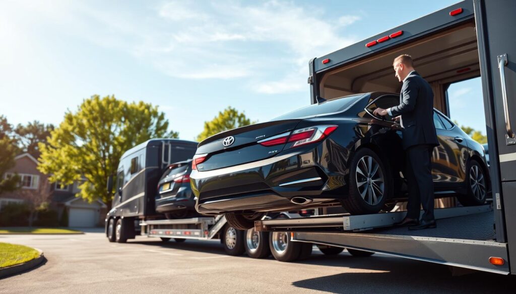 A professional car shipping service scene set in Romeo, Michigan. In the foreground, a shiny, well-maintained car is being carefully loaded onto a transport truck by a professional in smart attire, showcasing safety and expertise. The middle ground features a modern car carrier truck, designed for auto transport, with several vehicles securely strapped down. The background includes a clear blue sky and lush green trees indicative of Michigan’s landscape, with a hint of suburban architecture. Natural sunlight bathes the scene, casting soft shadows and adding warmth. Capture the mood of reliability, professionalism, and efficiency, while emphasizing the specialized nature of car shipping services. The image should be devoid of any text or markings, focusing solely on the action and environment.