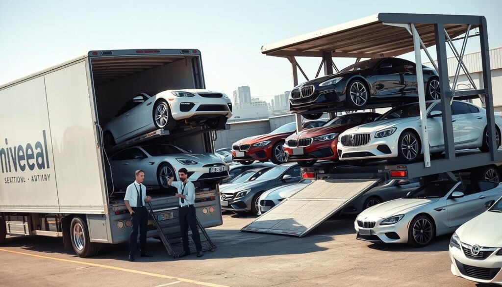 A professional car shipping service scene set in a bustling auto transport yard in Empire, Michigan. In the foreground, a clean, well-maintained truck with an open car carrier is seen unloading several luxury vehicles, showcasing a mix of colors and shiny finishes. Courteous staff in smart uniforms assist with the unloading process, displaying professionalism and attention to detail. The middle ground features rows of parked cars ready for transport, each vehicle sparkling under soft natural lighting that suggests a clear, sunny day. In the background, the Michigan skyline provides a subtle touch of local ambiance. The mood is efficient and service-oriented, emphasizing the reliability and quality of car shipping services. The angle is slightly elevated, capturing the full landscape of the operations in action. No text or watermarks.