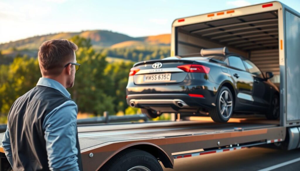 A professional car shipping service scene showcasing a shiny, reliable vehicle being loaded onto a transport truck. In the foreground, a well-dressed driver in professional attire is securing a car onto the truck with precision and care. The middle ground features a modern, robust transport truck with a large bed, positioned against a backdrop of the picturesque Gaylord, Michigan landscape, including lush green trees and a clear blue sky. The background highlights rolling hills under soft, natural lighting, emphasizing the serene environment. The image's mood conveys trust, professionalism, and reliability, with a slight angle to capture the dynamic action of car shipping while ensuring clarity in details.