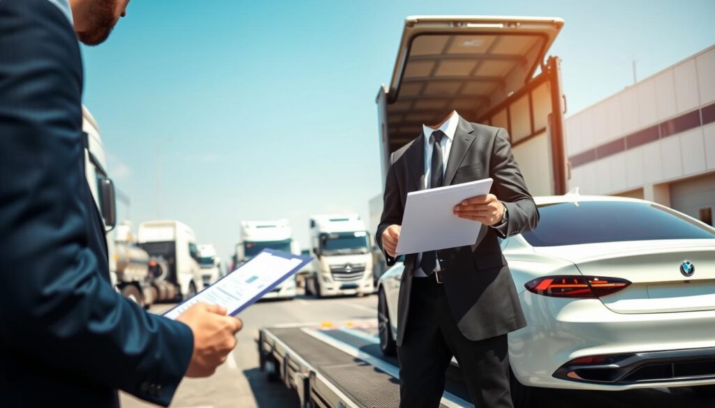 A professional car shipping services inspection scene, featuring a well-organized car transport terminal. In the foreground, an expert in business attire checks a clipboard while closely examining a luxury sedan on a transport truck. The middle includes diverse transport trucks, some loading up vehicles, and an office building in the background. Natural sunlight bathes the scene, creating a bright, welcoming atmosphere. The camera angle should be slightly elevated, capturing both the detailed interactions of the professionals and the scale of the transport operation. A clear blue sky adds to the optimism of reliable service, emphasizing trust and efficiency in automotive logistics. A professional car shipping services inspection scene, featuring a well-organized car transport terminal. In the foreground, an expert in business attire checks a clipboard while closely examining a luxury sedan on a transport truck. The middle includes diverse transport trucks, some loading up vehicles, and an office building in the background. Natural sunlight bathes the scene, creating a bright, welcoming atmosphere. The camera angle should be slightly elevated, capturing both the detailed interactions of the professionals and the scale of the transport operation. A clear blue sky adds to the optimism of reliable service, emphasizing trust and efficiency in automotive logistics.