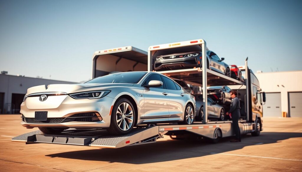 A professional car transport scene showcasing a fleet of vehicles on a modern auto transport truck, parked in a well-lit loading area in Troy, Michigan. In the foreground, focus on a sleek, shiny sedan being carefully driven onto the transport truck, with a skilled operator dressed in professional attire guiding the process. The middle ground features the truck loaded with various vehicles, including a sports car and an SUV, all secured and ready for shipping. In the background, an industrial facility with clear blue skies creates an energetic yet trustworthy atmosphere. The lighting is bright and natural, casting soft shadows, while a slight angle captures the depth of the scene, emphasizing professionalism and reliability in vehicle transport services.