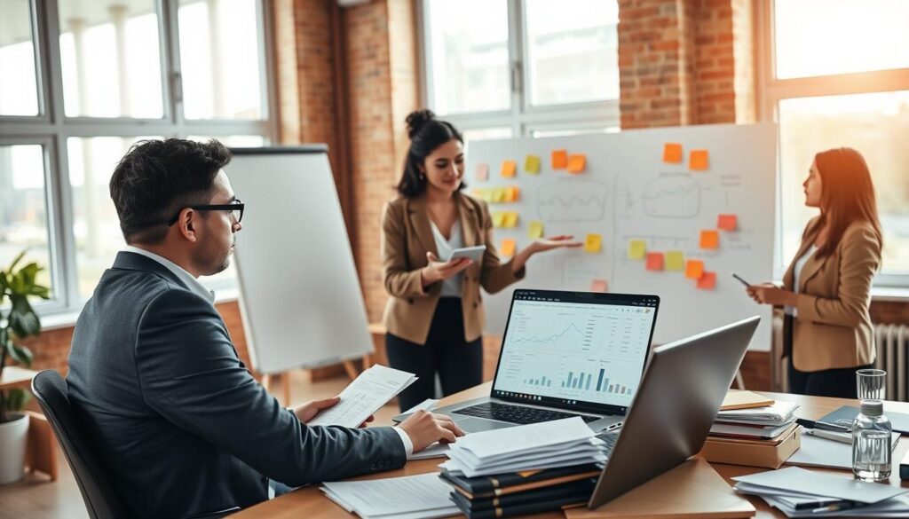 A professional indoor workspace featuring a diverse group of individuals analyzing moving service pricing. In the foreground, a focused man in a suit sits at a desk cluttered with documents, charts, and a laptop, displaying a detailed breakdown of costs. Beside him, a woman in smart casual attire gestures towards the screen, highlighting key figures. In the middle, a large whiteboard filled with colorful diagrams and sticky notes emphasizes the complexities of moving expenses. The background shows large windows allowing natural light to fill the room, adding clarity to the atmosphere. The mood is collaborative and informative, with a warm color palette that encourages productivity and understanding.