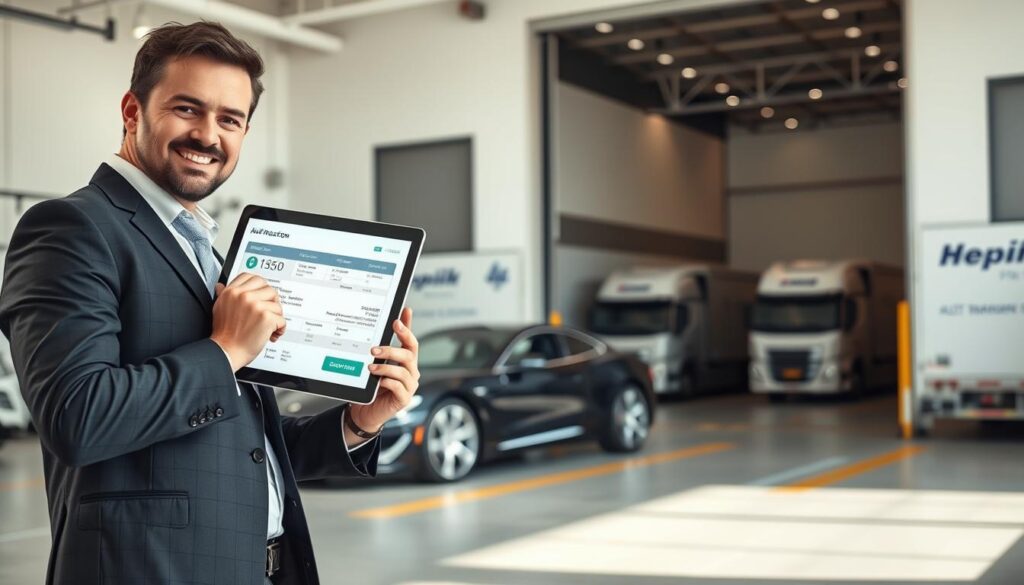 A professional, modern auto transport office scene showcasing a vehicle relocation quote process. In the foreground, a friendly and approachable transportation specialist wearing smart business attire reviews a digital tablet filled with vehicle relocation details. The middle ground features a sleek, streamlined car ready for shipment, parked in a bright, spacious loading area with clear indicators for vehicle safety. In the background, large bay doors reveal a fleet of transport trucks with company branding, poised for departure. Bright, natural lighting floods the space, creating a welcoming atmosphere, while the angle is slightly tilted upward to emphasize the professionalism and efficiency of the operation. The mood is optimistic and dynamic, reflecting the seamless experience of vehicle relocation.