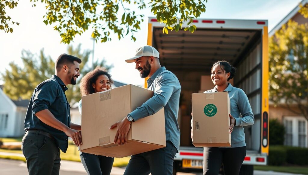 A professional moving team at work, showcasing trust and reliability. In the foreground, two movers, a diverse pair of men and women, are carefully handling a large, sturdy cardboard box, dressed in smart, modest uniforms, ensuring safety and professionalism. In the middle ground, a brightly colored moving truck is parked, branded with a logo that promotes dependable service, open to reveal neatly stacked boxes. The background features a suburban neighborhood with well-kept houses and trees under a clear blue sky, conveying a warm and welcoming atmosphere. Soft sunlight filters through the leaves, casting gentle shadows, while the angle captures the movers in action, emphasizing their teamwork and efficiency. The mood is optimistic and reassuring, illustrating the importance of professional moving services.