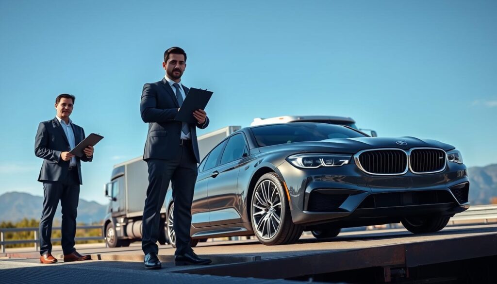 A professional transport crew standing confidently next to a sleek, high-end car on a well-maintained loading dock in Benzonia, Michigan. The foreground features three team members clad in sharp business attire, showcasing their expertise with a clipboard and digital tablet in hand. In the middle ground, a modern car transport truck is parked, surrounded by essential transport equipment. The background includes a clear blue sky and distant mountains, conveying a serene yet industrious atmosphere. Soft, natural lighting highlights the team's professionalism and the shiny car's details, creating a mood of reliability and trustworthiness. Angle the shot slightly from above for a dynamic perspective that captures the logistical efficiency of auto transport.