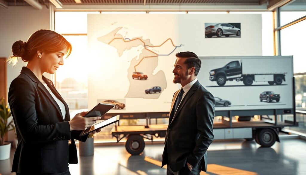 A professional transport service office in Lathrup Village, Michigan, showcasing a sleek, modern atmosphere. In the foreground, a well-dressed businesswoman discusses logistics on a tablet with a businessman in a suit, both focused and engaged. The middle ground features a large map of Michigan with auto transport routes highlighted, along with images of vehicles being loaded onto a transport truck. The background shows a clean office space with large windows allowing warm, natural light to flood in, creating an inviting and professional ambiance. Soft shadows enhance the inviting atmosphere, emphasizing the reliability and efficiency of the transport services. The overall mood conveys trust, professionalism, and a commitment to customer satisfaction. A professional transport service office in Lathrup Village, Michigan, showcasing a sleek, modern atmosphere. In the foreground, a well-dressed businesswoman discusses logistics on a tablet with a businessman in a suit, both focused and engaged. The middle ground features a large map of Michigan with auto transport routes highlighted, along with images of vehicles being loaded onto a transport truck. The background shows a clean office space with large windows allowing warm, natural light to flood in, creating an inviting and professional ambiance. Soft shadows enhance the inviting atmosphere, emphasizing the reliability and efficiency of the transport services. The overall mood conveys trust, professionalism, and a commitment to customer satisfaction.