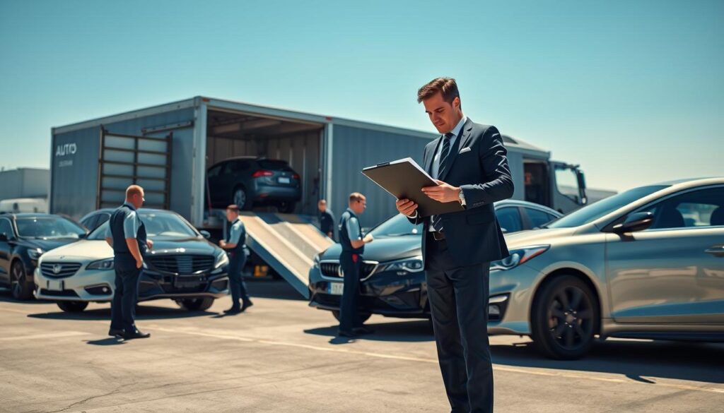 A professional vehicle delivery scene in a bustling auto transport yard, featuring a neatly lined row of various types of cars waiting for dispatch. In the foreground, a business professional in a tailored suit is inspecting a shiny, newly delivered vehicle, with a clipboard in hand, symbolizing reliable service. The middle ground displays a loading ramp with a truck preparing to load another car, surrounded by workers in modest uniforms coordinating deliveries. In the background, a clear blue sky casts bright, natural lighting over the scene, highlighting the efficiency of the operation. The atmosphere conveys a sense of trust and commitment to quality service, with a focus on organized logistics and professionalism.