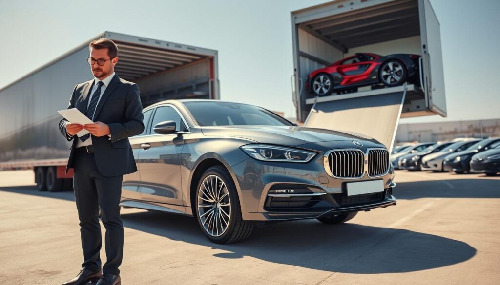 A professional vehicle delivery scene showcasing a sleek, modern car being unloaded from a transport truck in an open, well-lit auto transport yard. The focus is on the car, gleaming under soft sunlight, highlighting its polished finish. In the foreground, a delivery agent in smart business attire, checking paperwork, stands next to the vehicle, exuding professionalism. In the middle ground, the transport truck is parked with its ramp lowered, showcasing additional vehicles securely strapped for delivery. The background features a clear blue sky and a row of neatly parked cars, indicating a busy but organized auto transport environment. The mood is efficient and trustworthy, emphasizing the benefits of using professional vehicle delivery services.