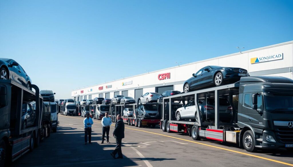 A professional vehicle logistics scene showcasing a busy auto transport hub. In the foreground, a well-organized car loading area with workers in business attire coordinating the process. Middle ground features multiple car transport trucks, each carrying a variety of vehicles, positioned under clear blue skies. The background displays a large warehouse with branding and logistical signs, emphasizing industry professionalism. Bright, natural daylight illuminates the scene, creating a vibrant atmosphere. Use a wide-angle lens to capture the bustling activity, providing a sense of scale and depth. The mood should convey efficiency and reliability, highlighting the sophisticated coordination in car shipping operations.