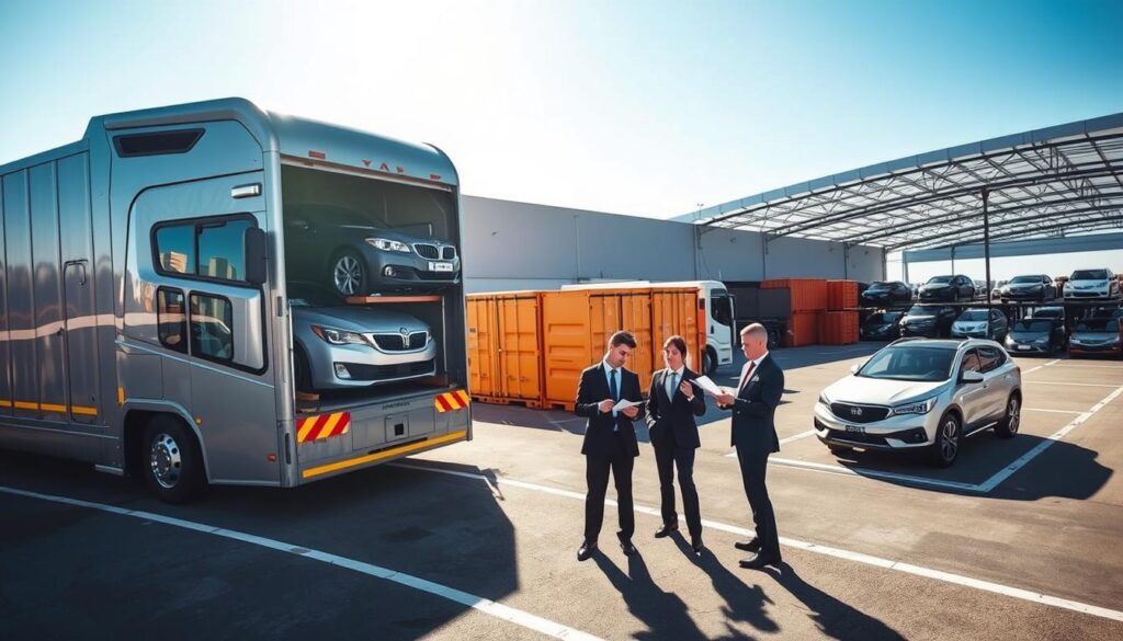 A professional vehicle logistics scene showcasing a car shipping operation in Saline, Michigan. In the foreground, a sleek transport truck, loaded with several new cars securely strapped down, parked beside a well-organized loading dock. In the middle ground, a team of two individuals in professional business attire, inspecting paperwork and coordinating logistics, highlighting teamwork and efficiency. In the background, a spacious auto processing facility with storage containers and an array of vehicles awaiting transport, under a clear blue sky, implying a typical sunny day. The lighting is bright and natural, enhancing the colors of the vehicles. The shot is taken from a slightly elevated angle to capture the complexity of the operation, creating a sense of professionalism and reliability.