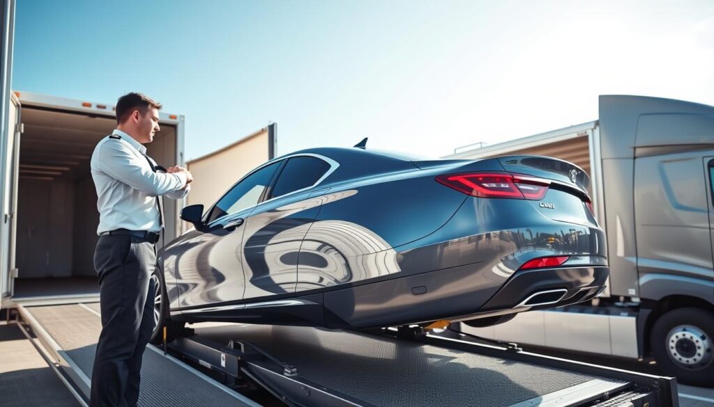A professional vehicle relocation service in action, showcasing a sleek, modern car being loaded onto a transport truck. In the foreground, a well-dressed driver in a crisp uniform carefully secures the vehicle with straps. The middle ground features the transport truck with a glossy finish, positioned beside an open loading ramp. In the background, a clear blue sky accentuates the scene, while a neatly organized transport yard shows additional vehicles ready for relocation. Soft, natural lighting highlights the professionalism of the service, casting gentle shadows and enhancing the details of the vehicles. The overall mood is efficient and reliable, communicating trustworthiness and safety in vehicle relocation services.