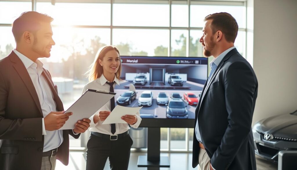 A professional vehicle shipping concierge service in action, set in a sleek office environment. In the foreground, a well-dressed consultant holding a clipboard discusses logistics with a client, both wearing business attire, conveying trust and professionalism. In the middle, a large digital display showcases various vehicles ready for transport, highlighting seamless shipping services. The background features a large window overlooking a bright, sunny day in Macomb, Michigan, with a glimpse of parked vehicles ready for shipping. The lighting is bright and inviting, emphasizing a welcoming atmosphere. Capture the mood of efficiency and reliability in vehicle transport, showcasing a modern and responsive service. Use a standard lens with a focus on the subjects, creating a professional yet approachable scene.