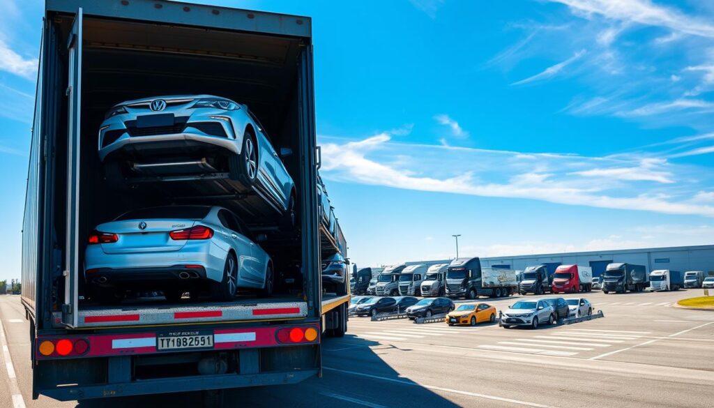 A professional vehicle shipping scene featuring a large transport truck loaded with various automobiles, including sedans and SUVs, on a bright, clear day. In the foreground, focus on the truck, showcasing its ramp and the cars securely strapped in place. In the middle ground, depict a shipping yard with additional transport trucks and a variety of vehicles waiting to be loaded. The background should feature a blue sky with a few wispy clouds and a distant view of a well-organized auto transport facility, emphasizing efficiency. Utilize natural lighting to create a fresh and vibrant atmosphere, capturing the essence of the auto transport business. The image should convey professionalism and reliability in vehicle shipping services.
