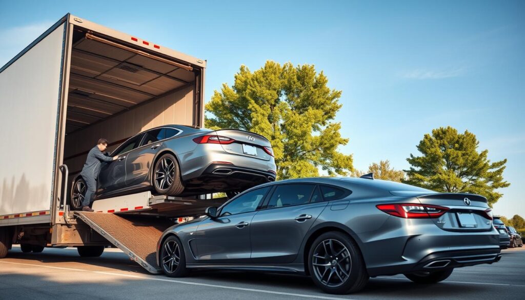 A professional vehicle shipping scene set in Wixom, Michigan, showcasing a well-organized auto transport yard. In the foreground, a sleek car is being carefully loaded onto a modern car carrier truck by a worker in professional attire, demonstrating efficiency and professionalism. The middle section features several cars lined up, awaiting transport, highlighting a variety of vehicles including sedans and SUVs, all in pristine condition. In the background, a clear blue sky and lush green trees provide a serene atmosphere, complemented by soft natural lighting that invokes a sense of trust and reliability. The perspective is slightly elevated, capturing the bustling activity while maintaining depth in the scene, emphasizing the importance of professional transport services in auto shipping. A professional vehicle shipping scene set in Wixom, Michigan, showcasing a well-organized auto transport yard. In the foreground, a sleek car is being carefully loaded onto a modern car carrier truck by a worker in professional attire, demonstrating efficiency and professionalism. The middle section features several cars lined up, awaiting transport, highlighting a variety of vehicles including sedans and SUVs, all in pristine condition. In the background, a clear blue sky and lush green trees provide a serene atmosphere, complemented by soft natural lighting that invokes a sense of trust and reliability. The perspective is slightly elevated, capturing the bustling activity while maintaining depth in the scene, emphasizing the importance of professional transport services in auto shipping.