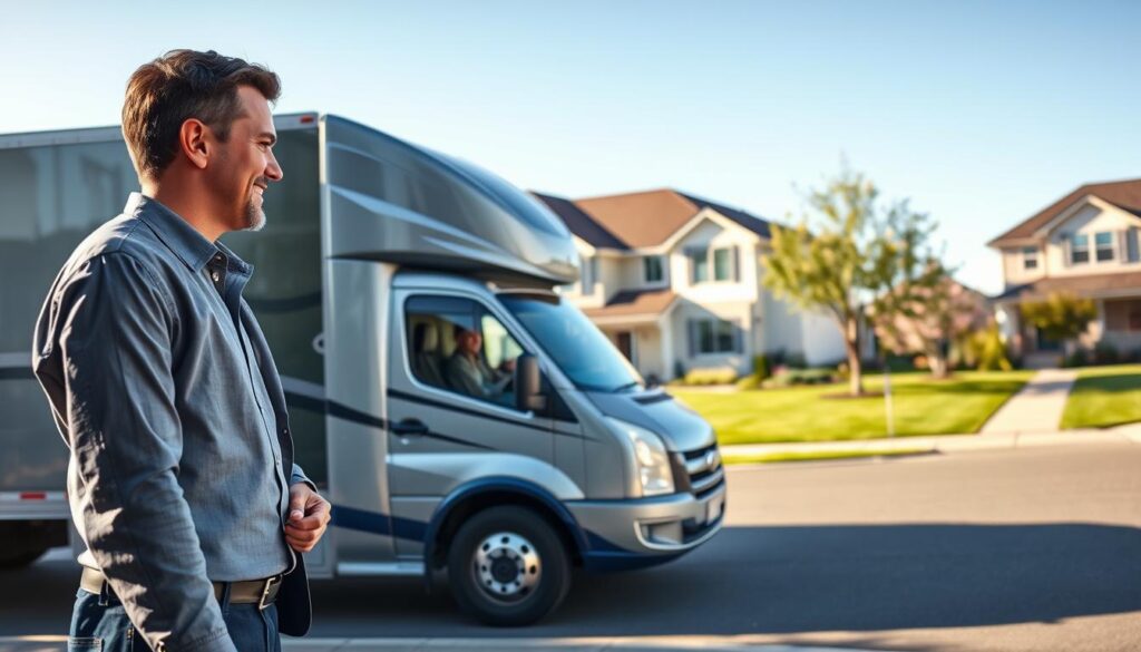 A professional vehicle shipping service scenario illustrated through nationwide door-to-door service. In the foreground, a friendly logistics coordinator in smart casual attire is interacting with an elegant, modern delivery truck parked outside a suburban home. The truck features a sleek design with the company logo prominently displayed. In the middle ground, a serene neighborhood setting showcases several residential houses, with a well-manicured lawn and blooming trees. The background features a clear blue sky indicating a perfect day, casting soft, natural light over the scene. The overall atmosphere is approachable and trustworthy, reflecting efficiency and reliability in car shipping services. The shot is taken from a slightly elevated angle to capture the interaction and environment cohesively.