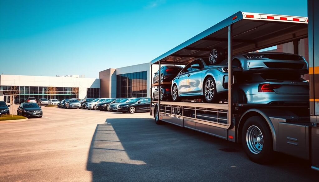A professional vehicle transport scene set in East Lansing, Michigan, showcasing a modern car transport truck in bright, clear daylight. In the foreground, the truck is loaded with several shiny vehicles, including sedans and SUVs, all expertly secured and ready for shipping. The middle layer displays an orderly parking lot with well-maintained cars and a sleek office building reflecting the professionalism of the transport service. In the background, a clear blue sky highlights the atmosphere of efficiency and reliability. Soft shadows are cast by the sunlight, giving depth to the scene. The angle is slightly elevated to capture the entire transport truck along with the meticulousness of the operation. The mood conveys trust and expertise in car shipping.