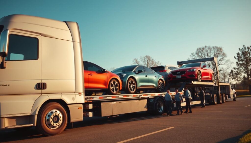 A professional vehicle transport scene set in Huron Township, Michigan. In the foreground, a sleek, modern car carrier truck is parked, showcasing a variety of vehicles securely loaded, with polished cars in vibrant colors gleaming under the soft afternoon sunlight. The middle ground features a well-paved loading area, with a few workers in professional attire inspecting the vehicles and coordinating transport logistics, emphasizing professionalism and safety. In the background, a clear blue sky and gentle trees provide a serene backdrop while hinting at the local landscape. The lighting is warm and inviting, creating a sense of reliability and trust, with a shallow depth of field that draws attention to the vehicles and workers. The overall atmosphere is focused and efficient, capturing the essence of professional vehicle transport.