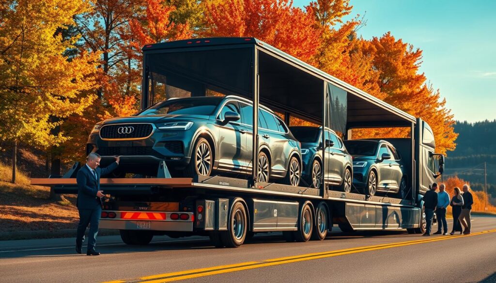 A professional vehicle transport scene set in Mancelona, Michigan, showcasing a sleek car transport truck with multiple vehicles loaded securely in the foreground. The truck, gleaming and modern, is parked on a well-maintained road lined with lush trees and autumn foliage, capturing the essence of the local environment. In the middle ground, a driver in professional attire inspects the transport vehicle while a small group of customers, dressed in smart casual clothing, discusses logistics. The background features a clear blue sky and distant hills, emphasizing the serene yet industrious atmosphere. The lighting is warm and natural, suggesting late afternoon, highlighting the polished vehicle surfaces and creating inviting shadows. The overall mood conveys professionalism, reliability, and the beauty of efficient car shipping services in a picturesque setting. A professional vehicle transport scene set in Mancelona, Michigan, showcasing a sleek car transport truck with multiple vehicles loaded securely in the foreground. The truck, gleaming and modern, is parked on a well-maintained road lined with lush trees and autumn foliage, capturing the essence of the local environment. In the middle ground, a driver in professional attire inspects the transport vehicle while a small group of customers, dressed in smart casual clothing, discusses logistics. The background features a clear blue sky and distant hills, emphasizing the serene yet industrious atmosphere. The lighting is warm and natural, suggesting late afternoon, highlighting the polished vehicle surfaces and creating inviting shadows. The overall mood conveys professionalism, reliability, and the beauty of efficient car shipping services in a picturesque setting.