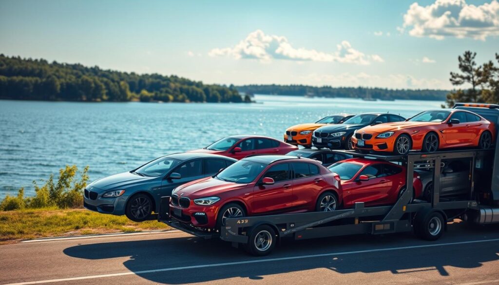 A professional vehicle transport scene set in Suttons Bay, Michigan. In the foreground, a car carrier truck loaded with pristine vehicles exhibits a diverse array of cars in vivid colors, showcasing their shiny surfaces and reflecting the sunlight. The middle ground features a serene lakeside backdrop with gentle waves and lush greenery lining the shore, emphasizing the tranquility of the area. In the background, a clear blue sky with a few fluffy clouds creates a bright atmosphere. The scene is illuminated by warm, natural light, enhancing the vibrancy of the vehicles. The mood is professional and inviting, suggesting reliability and quality in vehicle transport services. The perspective is slightly angled to capture both the truck and the stunning waterfront scenery.