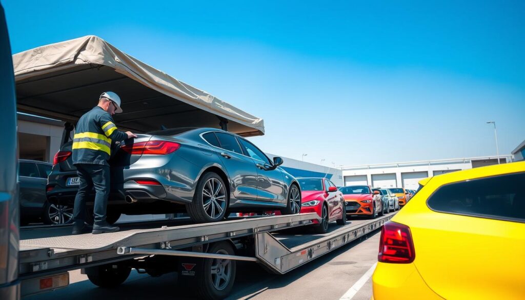 A professional vehicle transport scene set in a bustling auto shipping yard. In the foreground, a sleek, modern car is being loaded onto a covered car carrier by a skilled, professionally-dressed worker in safety gear, demonstrating meticulous care and attention to detail. The middle ground features several brightly colored cars lined up behind the carrier, showcasing various models ready for transport. The background extends to a clear blue sky, adding an atmosphere of vibrant efficiency, with sunlight illuminating the scene. The lens captures the action from a slightly elevated angle, emphasizing the scale and organization of the transport operation. The overall mood is one of professionalism and trust, reflecting the reliability of experienced vehicle transport services.