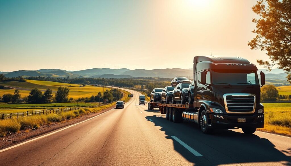 A professional vehicle transport scene showcasing a modern car carrier truck loaded with various vehicles, including sedans and SUVs, driving through a picturesque American landscape. In the foreground, the truck stands prominently, with polished vehicles secured on its flatbed. In the middle ground, a highway stretches into the distance, flanked by lush green fields and trees. In the background, rolling hills under a clear blue sky convey a sense of vastness and movement. The lighting is bright and vibrant, capturing the midday sun, with shadows cast by the truck and trees enhancing depth. The mood is dynamic and professional, emphasizing efficiency and reliability in vehicle transport services.